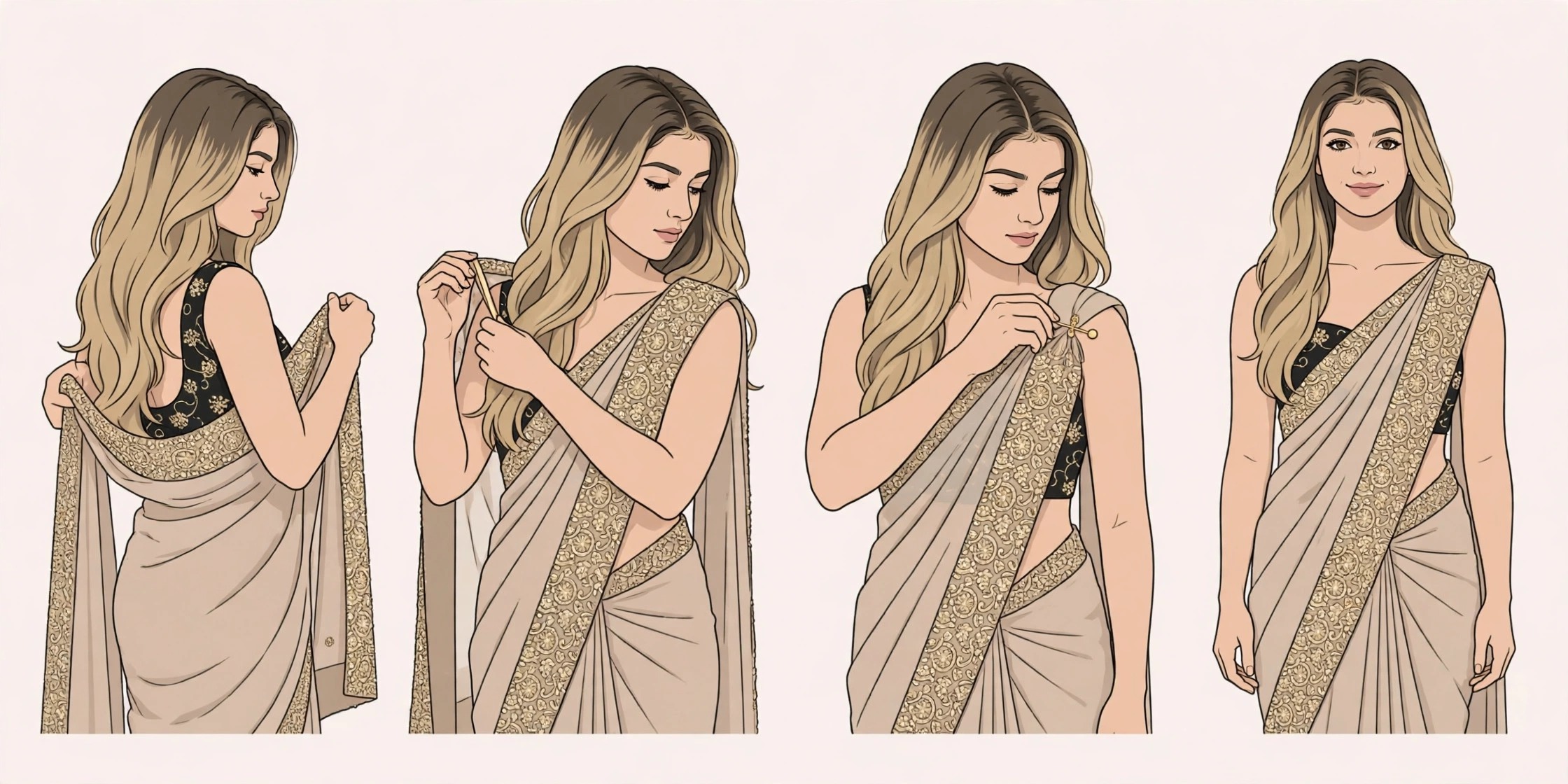 Illustrated storyboard: Nivi drape steps 5 to 8 — pallu around the back, over the shoulder, pin, finished look